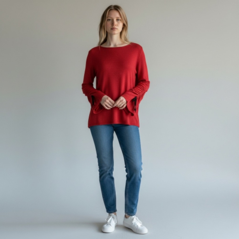 Juicy Couture Red Sparkle Ruched Sleeve Boat Neck Top Women's Medium